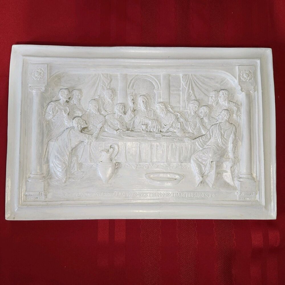 Vintage 3D Last Supper Wood Relief Wall Plaque Plaster Bas Relief White 16x10”